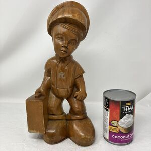 Vintage Carved Wood Boy 12.5” Big boots Figurine Suitcase MCM Runaway Retro
